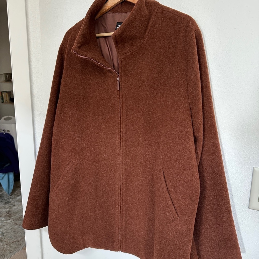 Eileen Fisher wool Melton Funnel Neck zip front Toffee Brown coat size xl